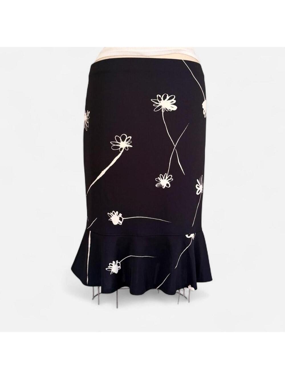 Max Studio Black White Floral Flounce Hem Midi Skirt in Black